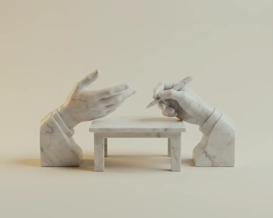 Duas mãos conversando sobre uma mesa, esculpidas em mármore